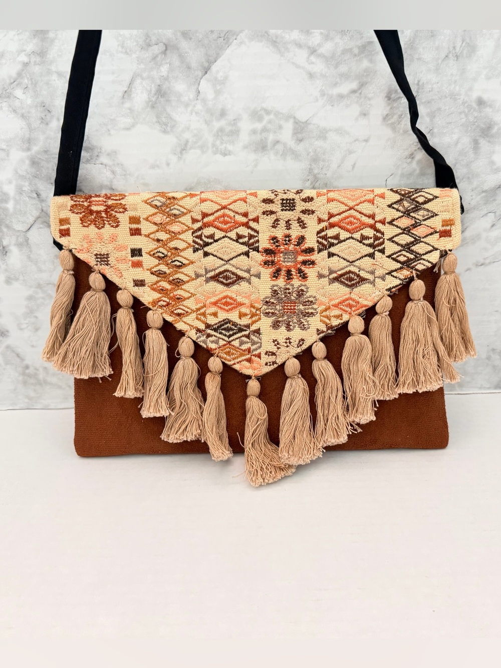 Boho Tassel Flap Crossbody Bag - Brown & Cream